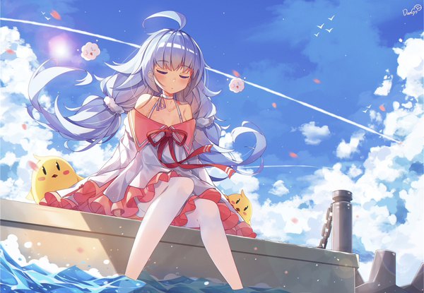 Anime picture 1920x1330 with azur lane manjuu (azur lane) nicholas (azur lane) dango remi single long hair blush highres sitting twintails signed sky silver hair cloud (clouds) ahoge eyes closed wind low twintails soaking feet condensation trail