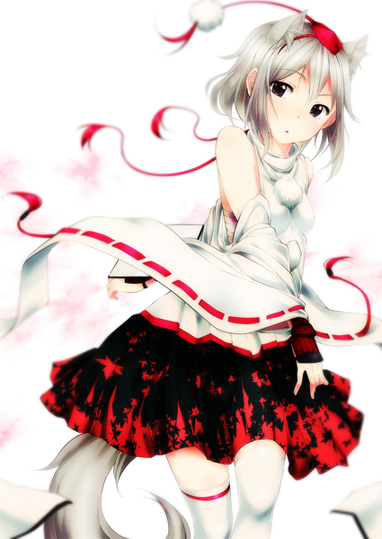 Anime picture 1250x1765 with touhou inubashiri momiji eventh7 single tall image short hair white background brown eyes grey hair :o wolf ears wolf tail wolf girl girl thighhighs skirt white thighhighs pom pom (clothes)