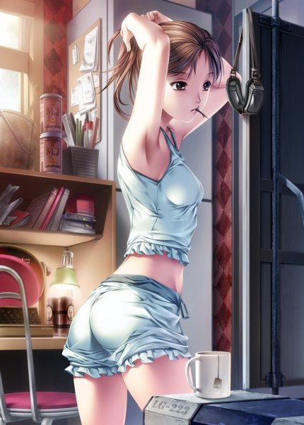 Anime picture 860x1200 with original rezi single tall image short hair light erotic brown hair brown eyes mouth hold girl glasses shorts chair cup goggles white shorts pen