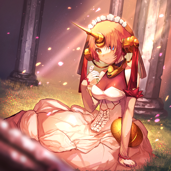 Anime picture 2500x2500 with fate (series) fate/apocrypha frankenstein's monster (fate) l2 5343 single highres short hair sitting looking away pink hair horn (horns) sunlight arm support heterochromia shaded face girl flower (flowers) detached sleeves headdress maid headdress