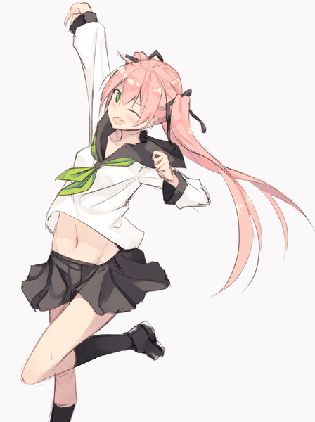 Anime picture 957x1282 with original nagishiro mito single long hair tall image looking at viewer blush fringe open mouth simple background hair between eyes standing white background green eyes pink hair head tilt one eye closed arm up wink fang (fangs)