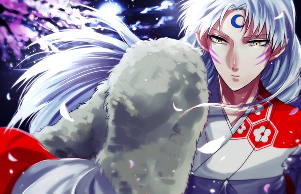 Anime picture 2997x1937 with inuyasha sesshomaru hkm (hsk10) single fringe highres yellow eyes cloud (clouds) traditional clothes japanese clothes lips night cherry blossoms facial mark boy plant (plants) petals tree (trees) moon full moon