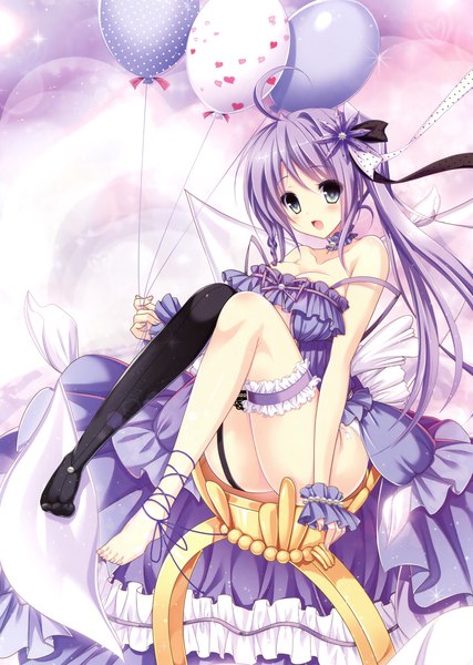 Anime picture 2489x3500 with original kawai maria (artist) single long hair tall image blush highres open mouth blue eyes light erotic twintails absurdres purple hair scan official art girl thighhighs dress frills single thighhigh