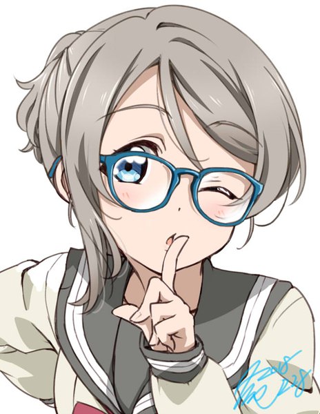 Anime picture 664x858 with love live! sunshine!! sunrise (studio) love live! watanabe you takeya yuuki single tall image looking at viewer short hair blue eyes simple background white background signed upper body one eye closed grey hair wink finger to mouth bespectacled girl