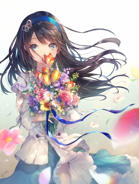 Anime picture 1076x1420 with original deecha single long hair tall image looking at viewer blush fringe blue eyes black hair simple background hair between eyes standing holding signed wind gradient background covered mouth girl dress