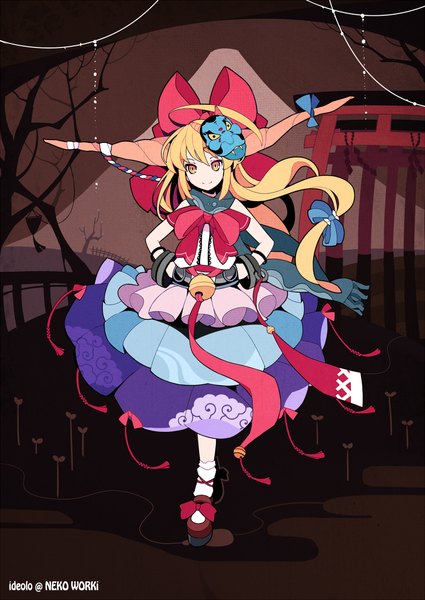 Anime picture 752x1062 with touhou ibuki suika ideolo single long hair tall image blonde hair smile yellow eyes ahoge horn (horns) mask on head girl bow hair bow bell mask jingle bell torii shackles