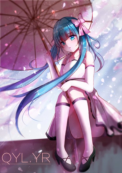 Anime picture 2480x3508 with vocaloid hatsune miku qingye ling single long hair tall image blush fringe highres hair between eyes sitting holding signed looking away sky cloud (clouds) outdoors parted lips head tilt aqua eyes