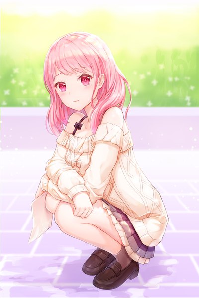 Anime picture 784x1176 with bang dream! maruyama aya lunacle single long hair tall image looking at viewer blush fringe bare shoulders holding pink hair full body bent knee (knees) outdoors pleated skirt pink eyes off shoulder squat frilly skirt