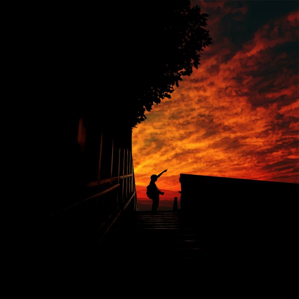 Anime picture 1600x1600 with original sarugetty (artist) sky cloud (clouds) evening sunset pointing silhouette boy stairs