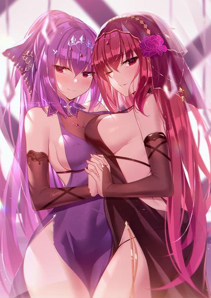 Anime picture 2149x3035 with fate (series) fate/grand order scathach (fate) (all) scathach (fate) scathach skadi (fate) black fire (peter02713) long hair tall image looking at viewer blush fringe highres breasts light erotic hair between eyes red eyes large breasts standing multiple girls payot
