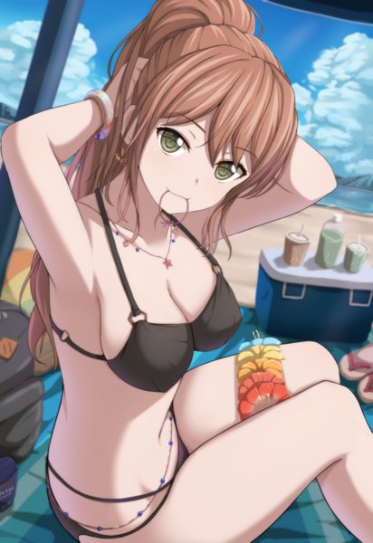Anime picture 1406x2048 with bang dream! imai lisa narafume single long hair tall image looking at viewer fringe breasts light erotic hair between eyes brown hair sitting holding green eyes payot sky cloud (clouds) bent knee (knees) outdoors