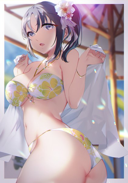 Anime picture 2000x2846 with love live! sunshine!! sunrise (studio) love live! kazuno sarah yamaori (yamaorimon) single tall image looking at viewer blush fringe highres short hair breasts open mouth light erotic hair between eyes large breasts standing purple eyes holding