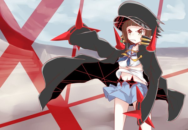 Anime picture 1024x710 with kill la kill studio trigger mankanshoku mako miyauru single short hair brown hair brown eyes looking away sky cloud (clouds) crossed arms angry skirt uniform school uniform necktie coat peaked cap thread