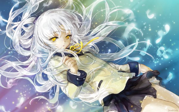 Anime picture 1920x1200 with angel beats! key (studio) tachibana kanade jane mere single long hair highres wide image yellow eyes white hair girl skirt uniform ribbon (ribbons) school uniform feather (feathers)