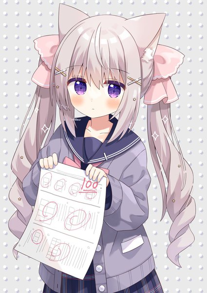 Anime picture 992x1400 with original nakkar single long hair tall image looking at viewer blush fringe hair between eyes standing purple eyes twintails holding animal ears payot long sleeves pleated skirt grey hair cat ears grey background