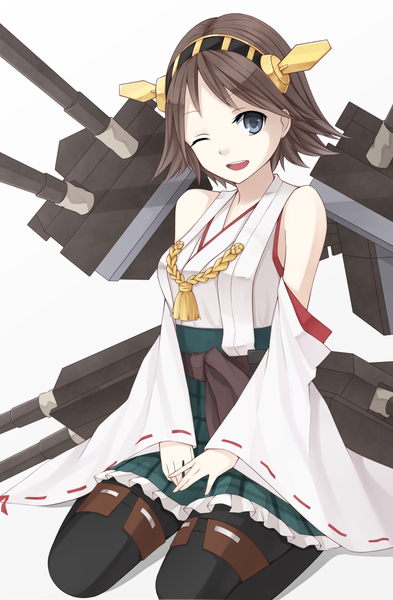 Anime picture 800x1219 with kantai collection hiei battleship single tall image looking at viewer short hair open mouth blue eyes black hair simple background white background bare shoulders one eye closed wink nontraditional miko girl hair ornament weapon detached sleeves