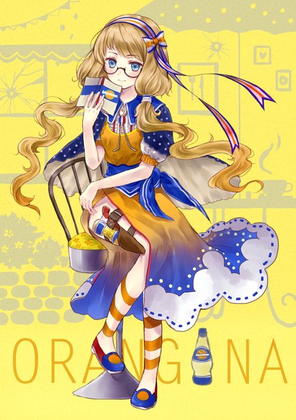 Anime picture 1000x1414 with original orangina hanekoto single long hair tall image blush blue eyes blonde hair flag print france girl dress bow ribbon (ribbons) hair bow hair ribbon socks glasses hairband