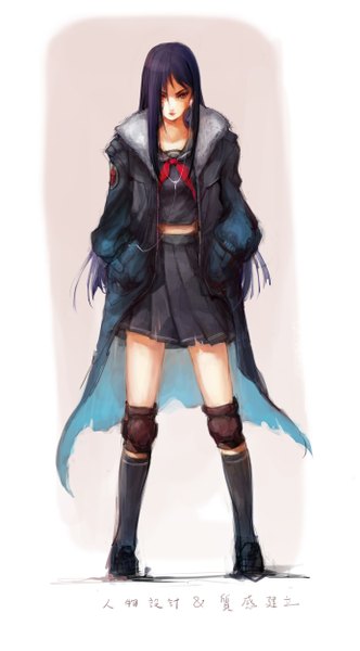 Anime picture 1383x2500 with original loiza single long hair tall image looking at viewer red eyes standing purple hair open jacket tattoo girl skirt uniform serafuku jacket headphones