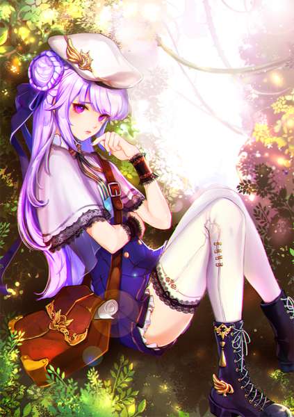 Anime picture 800x1135 with original ruck single long hair tall image looking at viewer fringe sitting purple eyes purple hair full body bent knee (knees) outdoors nail polish parted lips head tilt lens flare lacing hand to mouth girl