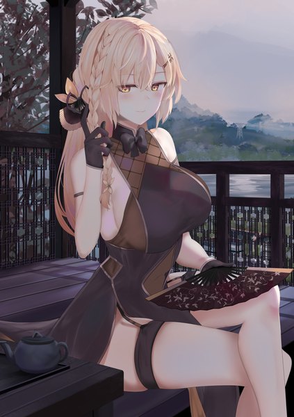 Anime picture 1240x1760 with girls frontline ots-14 (girls frontline) ots-14 (sangria succulent) (girls' frontline) ru zhai single long hair tall image blush fringe breasts light erotic blonde hair hair between eyes large breasts sitting bare shoulders holding yellow eyes payot looking away