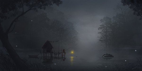 Anime picture 1996x1000 with original juhone single highres wide image sitting bent knee (knees) night night sky fog ambiguous gender plant (plants) hat tree (trees) building (buildings) lantern monster house watercraft boat