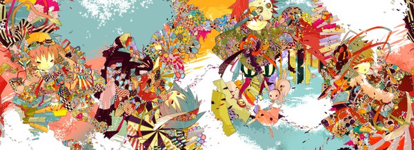 Anime picture 1800x654 with original harikamo blush highres short hair smile red eyes wide image pink hair nail polish abstract detailed animal bird (birds) mask sandals bunny