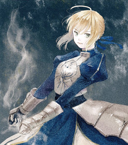 Anime picture 906x1024 with fate (series) fate/stay night artoria pendragon (all) saber nikawamin single tall image short hair simple background blonde hair green eyes payot looking away ahoge puffy sleeves girl ribbon (ribbons) hair ribbon armor gauntlets