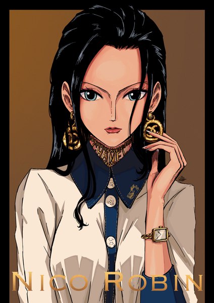 Anime picture 2480x3508 with one piece toei animation chanel nico robin sherumaru (korcht06) single long hair tall image looking at viewer highres blue eyes black hair simple background holding signed upper body fingernails lips character names lipstick
