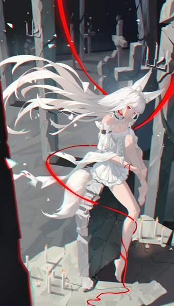 Anime picture 2765x4869 with original mouma single long hair tall image looking at viewer fringe highres breasts red eyes sitting animal ears cleavage full body bent knee (knees) white hair tail blunt bangs nail polish head tilt