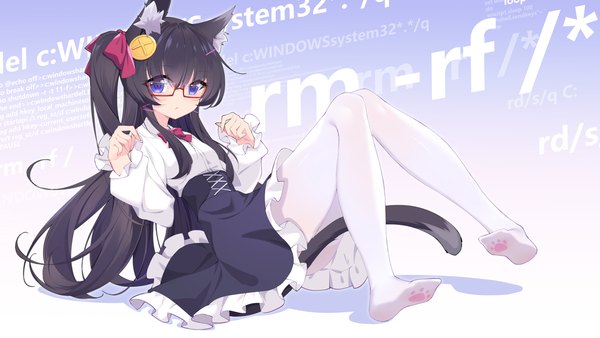 Anime picture 1920x1080 with original rx7649 single long hair looking at viewer blush fringe highres black hair simple background hair between eyes wide image sitting purple eyes twintails full body bent knee (knees) tail animal tail cat girl