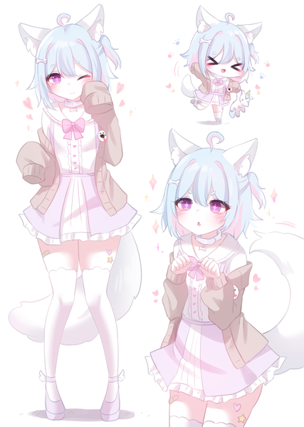 Anime picture 1781x2500 with original honyang tall image looking at viewer blush highres open mouth simple background smile standing white background purple eyes holding animal ears payot blue hair full body ahoge tail eyes closed