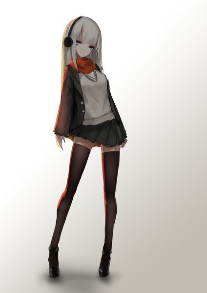 Anime picture 2480x3508 with original storia1862 single long hair tall image looking at viewer fringe highres blue eyes simple background standing blunt bangs head tilt pleated skirt grey hair open jacket shadow gradient background multicolored eyes long legs