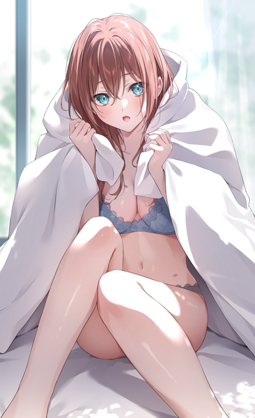 Anime picture 2121x3477 with original zattape single long hair tall image looking at viewer blush fringe highres open mouth light erotic hair between eyes brown hair sitting bent knee (knees) indoors aqua eyes underwear only lace-trimmed bra lace-trimmed panties