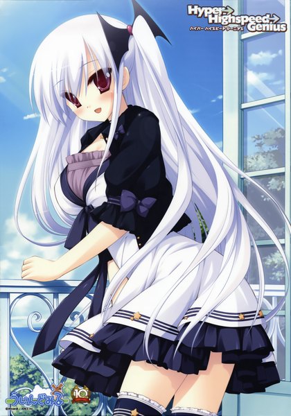 Anime picture 3000x4289 with hyper highspeed genius akechi hikari miyasu risa single long hair tall image blush highres open mouth red eyes sky cloud (clouds) white hair looking back copyright name one side up girl dress bow hair bow