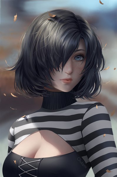 Anime picture 1000x1505 with original chubymi single tall image looking at viewer fringe short hair breasts blue eyes black hair signed cleavage upper body lips hair over one eye realistic portrait striped cleavage cutout freckles