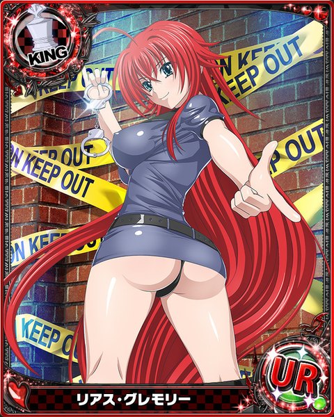 Anime picture 640x800 with highschool dxd rias gremory single tall image breasts blue eyes light erotic smile large breasts ahoge ass red hair very long hair looking back card (medium) girl uniform underwear panties handcuffs