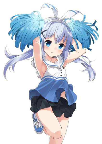 Anime-Bild 2149x3035 mit gochuumon wa usagi desu ka? white fox kafuu chino mousou (mousou temporary) single long hair tall image blush highres open mouth blue eyes simple background white background twintails purple hair bent knee (knees) arms up low twintails cheerleader girl