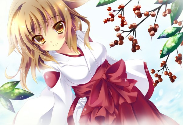 Anime picture 1750x1200 with original millcutto long hair blush highres brown hair yellow eyes traditional clothes miko girl food berry (berries)