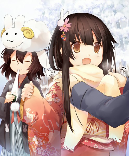 Anime picture 744x900 with touhou houraisan kaguya inaba tewi efe long hair tall image short hair open mouth black hair smile multiple girls brown eyes animal ears eyes closed long sleeves traditional clothes japanese clothes hair flower wide sleeves bunny ears