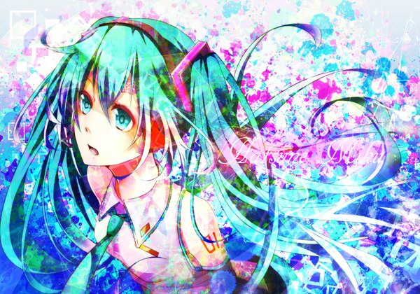Anime picture 2000x1400 with vocaloid hatsune miku nou single long hair highres open mouth twintails bare shoulders aqua eyes aqua hair girl necktie
