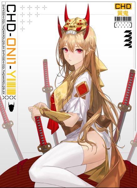 Anime picture 6162x8455 with original ake (cherrylich) single long hair tall image looking at viewer fringe highres blonde hair hair between eyes red eyes white background absurdres horn (horns) short sleeves half updo mask on head girl thighhighs dress
