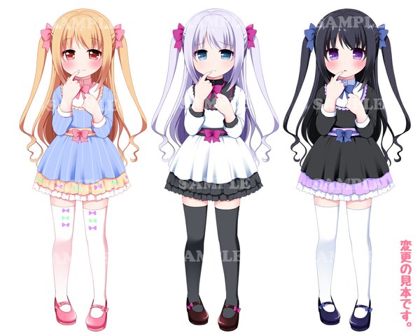Anime picture 1040x829 with original ringo yuyu long hair looking at viewer blue eyes black hair simple background blonde hair smile red eyes white background purple eyes multiple girls silver hair finger to mouth girl thighhighs dress black thighhighs white thighhighs