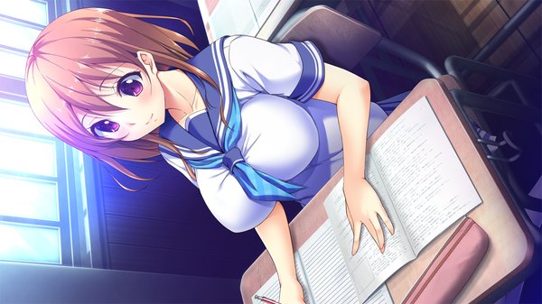 Anime picture 1280x720 with tsukue otome blush short hair brown hair wide image purple eyes game cg girl uniform school uniform necktie desk