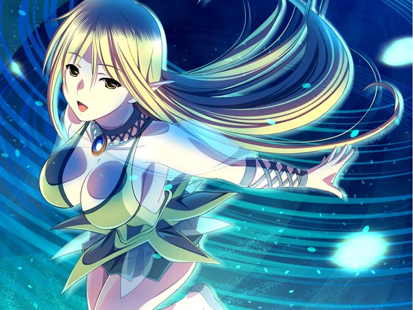 Anime picture 1024x768 with demonion arwin silvermoon single long hair open mouth blonde hair yellow eyes game cg pointy ears elf girl dress