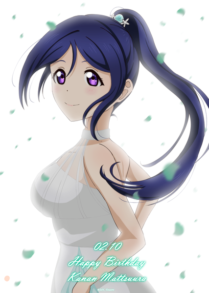 Anime picture 1000x1405 with love live! sunshine!! sunrise (studio) love live! matsuura kanan sen yousoro single long hair tall image looking at viewer blush fringe breasts simple background smile standing white background purple eyes payot blue hair ponytail