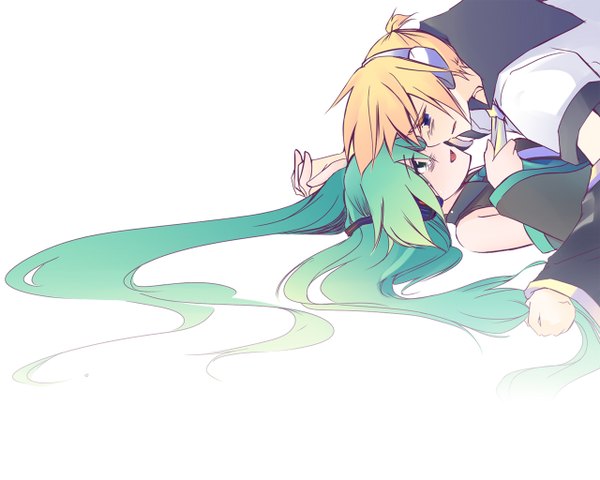 Anime picture 1280x1024 with vocaloid hatsune miku kagamine len long hair short hair white background twintails couple almost kiss girl