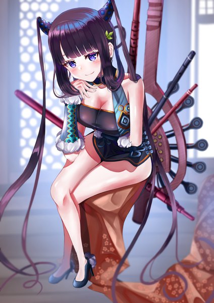 Anime picture 1239x1753 with fate (series) fate/grand order yang guifei (fate) sora (men0105) men 15 single tall image looking at viewer blush fringe breasts light erotic large breasts sitting purple eyes cleavage purple hair full body indoors blunt bangs