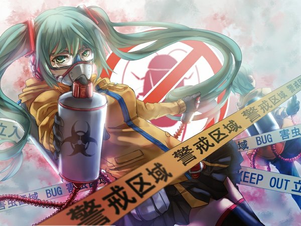 Anime picture 1024x768 with vocaloid hatsune miku long hair twintails aqua eyes aqua hair inscription hieroglyph girl skirt gloves jacket goggles sign caution tape