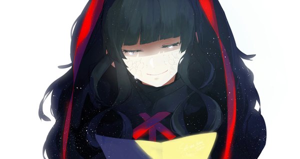 Anime picture 1363x724 with kagerou project shaft (studio) azami (kagerou project) fu go sen single long hair black hair simple background smile wide image white background payot upper body blunt bangs eyes closed head tilt tears portrait crying happy tears