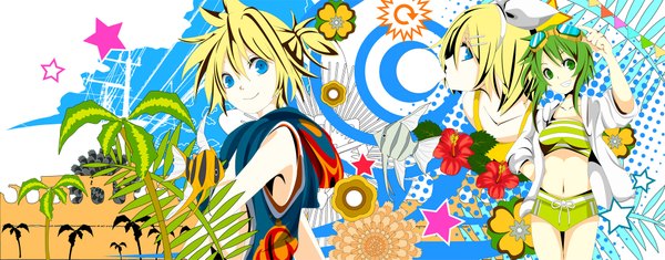 Anime picture 2000x785 with vocaloid kagamine rin kagamine len gumi sakisato kiriko highres short hair blue eyes blonde hair wide image multiple girls green eyes green hair girl boy navel bow 2 girls hair bow shorts